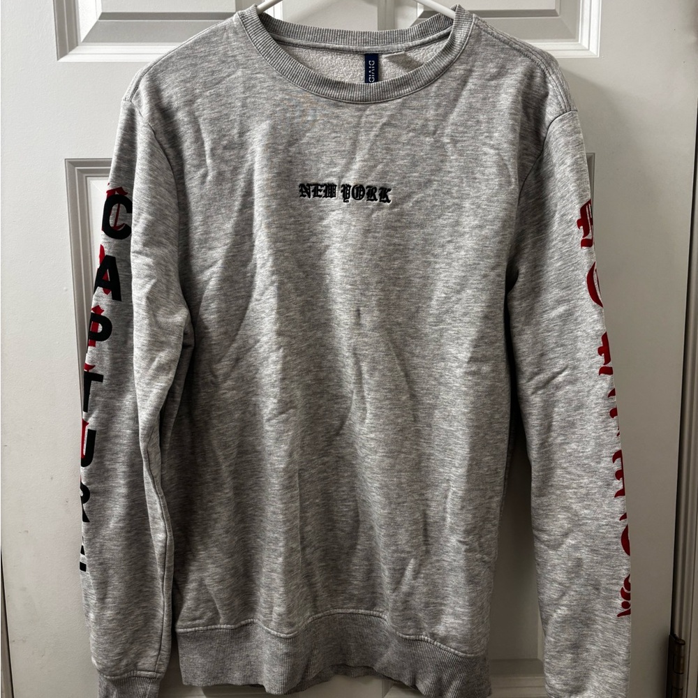 Divided Gray Crewneck Sweater with Red Lettering